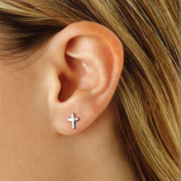 Dainty Silver Cross Stud Earrings - Picture 1 of 2